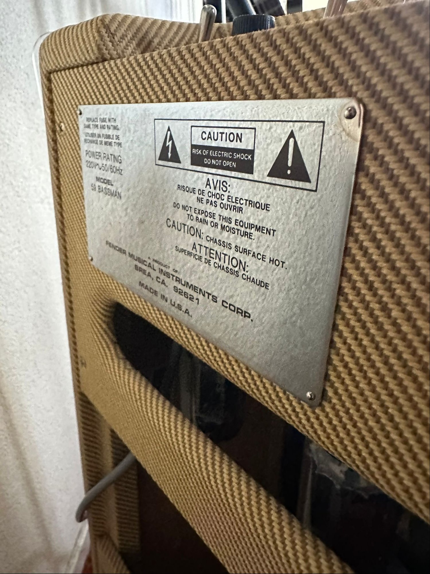 Fender '59 Bassman Reissue — back plate showing model designation and Made in USA