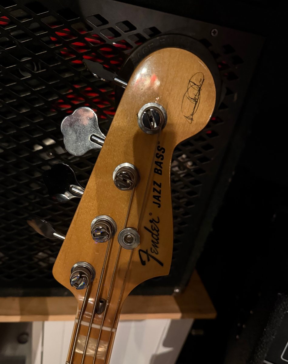 Fender Jazz Bass headstock with Marcus Miller signature and Schaller tuners