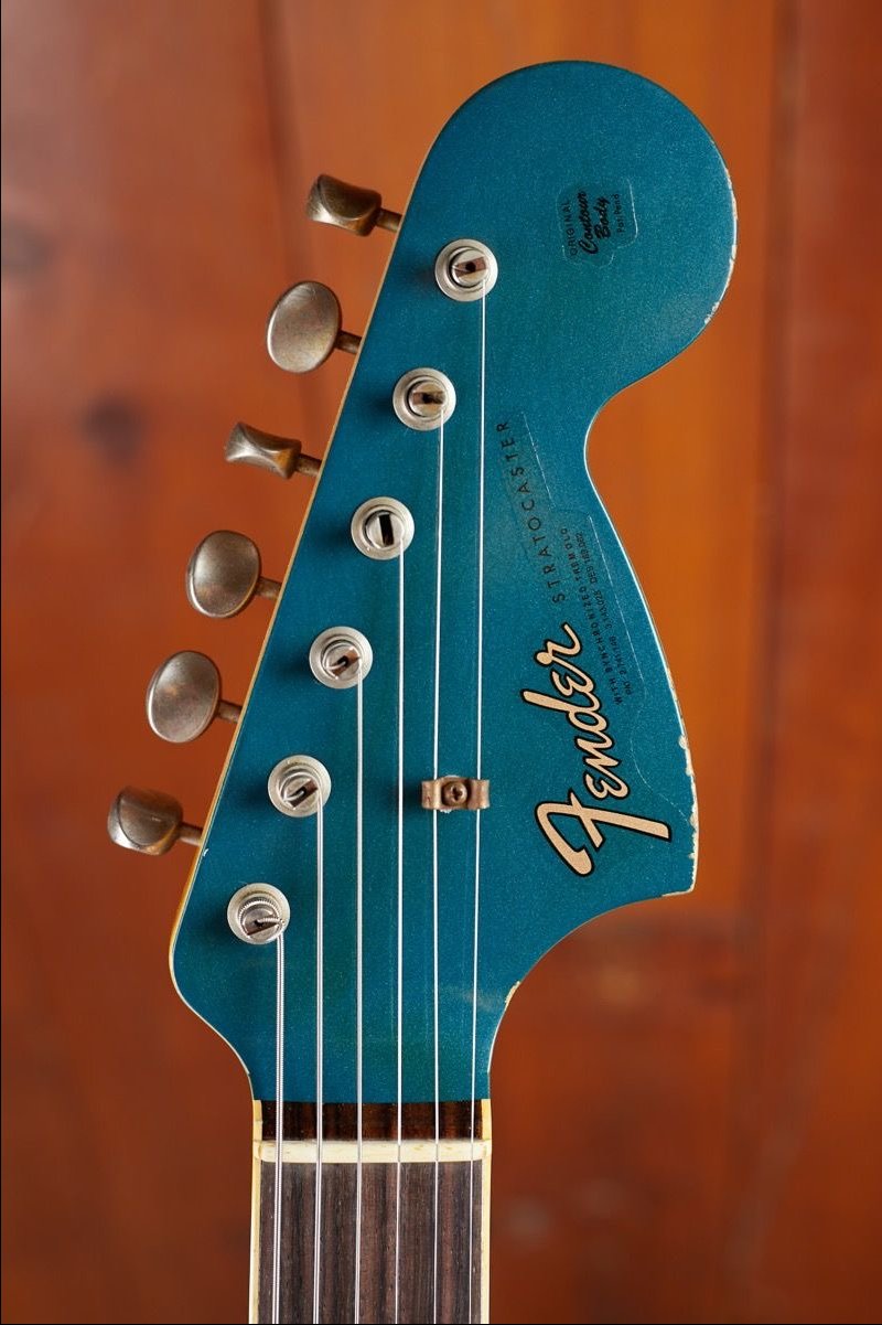 Fender Custom Shop Stratocaster — oversized headstock, blue finish with aged Fender logo and Kluson-style tuners