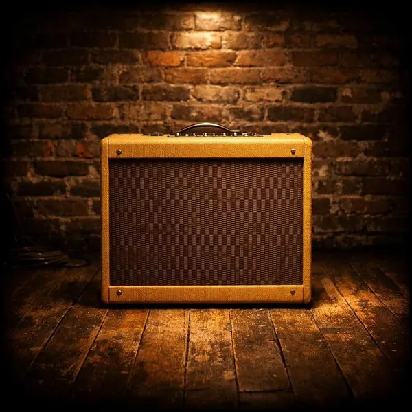 Tweed Fender amp glowing against a brick wall