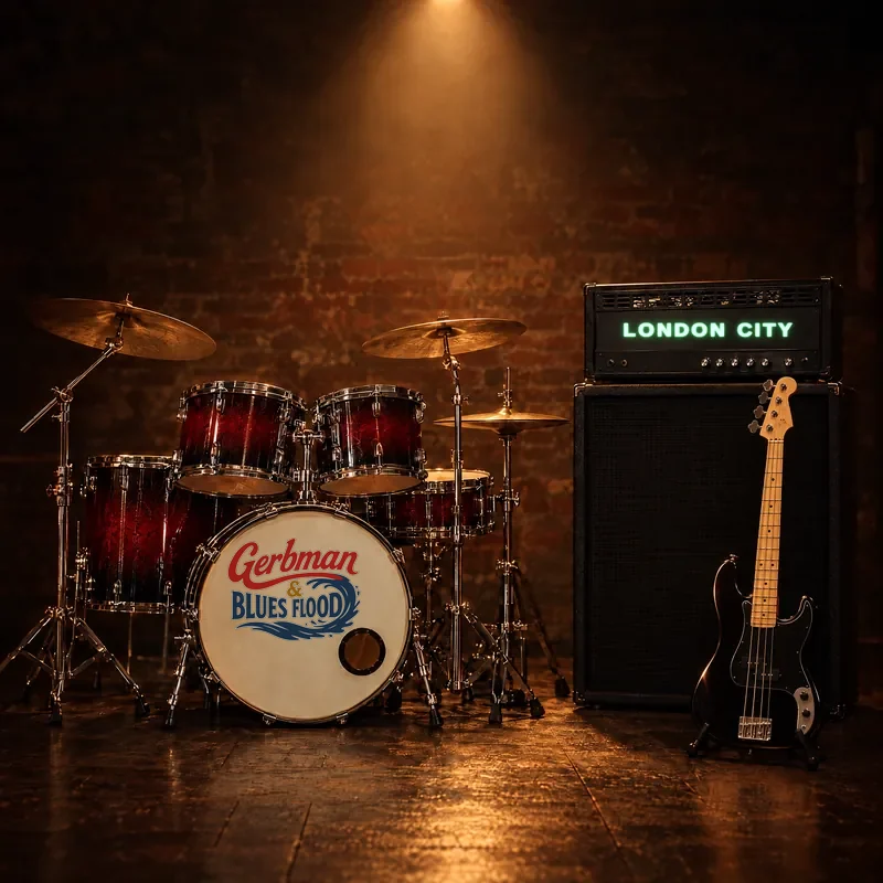 Das Equipment der Flood-Rhythmusgruppe: Schlagzeug, London City Bassverstärker und ein schwarzer Bass
