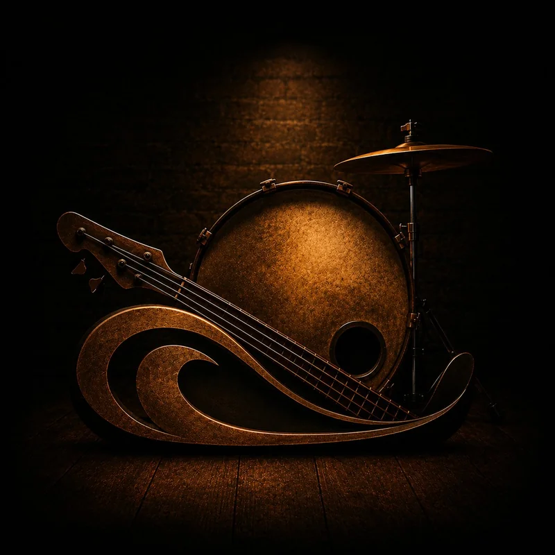 The Flood rhythm section gear — bronze bass and bass drum silhouette