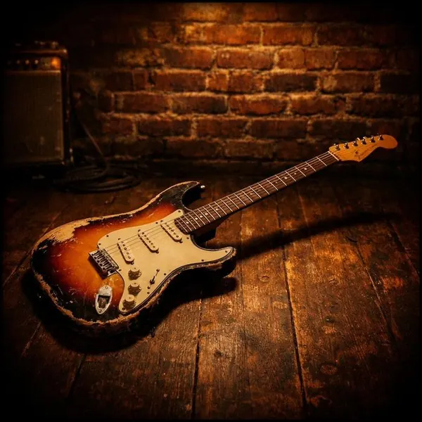 Relic Fender Stratocaster on a wooden stage floor