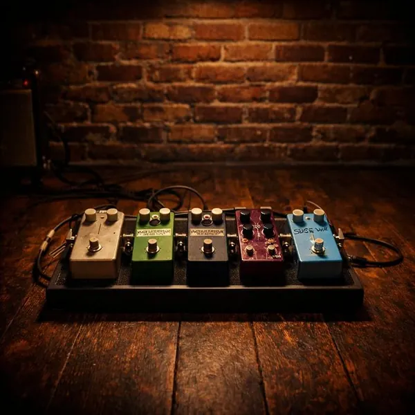 Pedalboard with overdrive pedals on a wooden floor