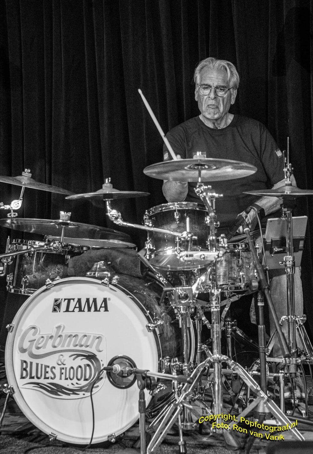 Dick Sol behind the Tama kit with Gerbman & Blues Flood logo, Bluezy studio at RTV Ridderkerk — photo Ron van Varik
