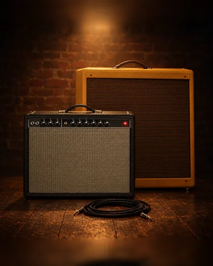 Amplificadores Blackface Deluxe Reverb y tweed Bassman delante de una pared de ladrillo