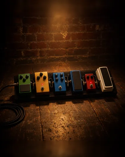 Pedalera con pedales de overdrive sobre un suelo de madera